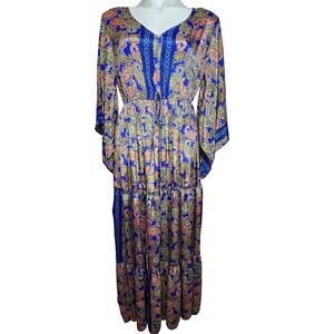 Anthropologie Me 2 Magic Bohemian open bell sleeve satin blue maxi dress size L‎